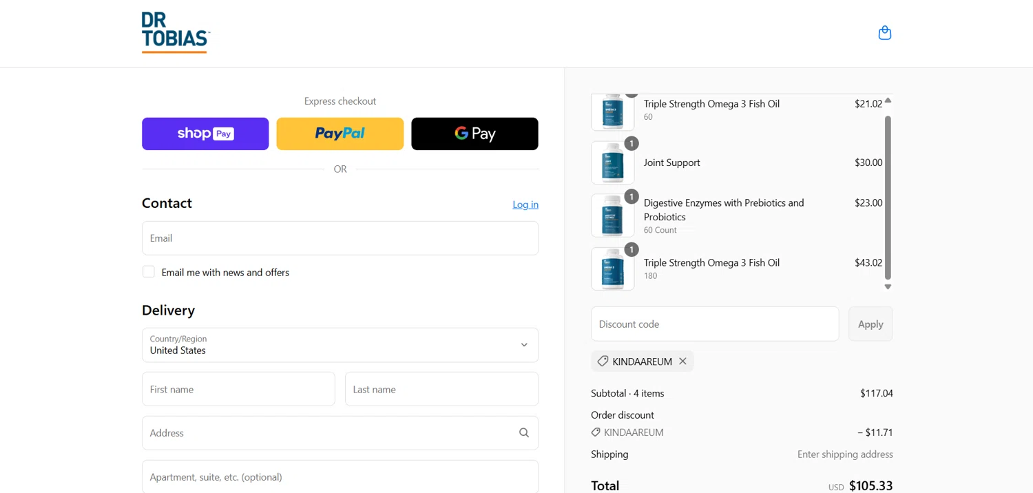Dr. Tobias promo code screenshot showing code KINDAAREUM applied at Dr. Tobias checkout page. Uploaded by SimplyCodes community member HoneyJean on May 29, 2025