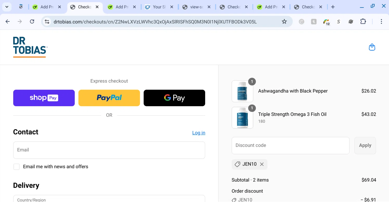 Dr. Tobias promo code screenshot showing code jen10 applied at Dr. Tobias checkout page. Uploaded by SimplyCodes community member KarinaHZ on May 6, 2025