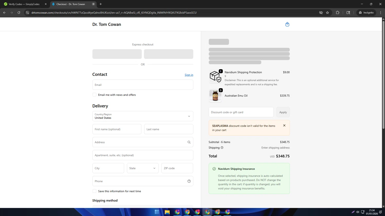 Dr. Tom Cowan promo code screenshot showing code SEAPLASMA applied at Dr. Tom Cowan checkout page. Uploaded by SimplyCodes community member AVATIGRITO on Jan 2, 2026