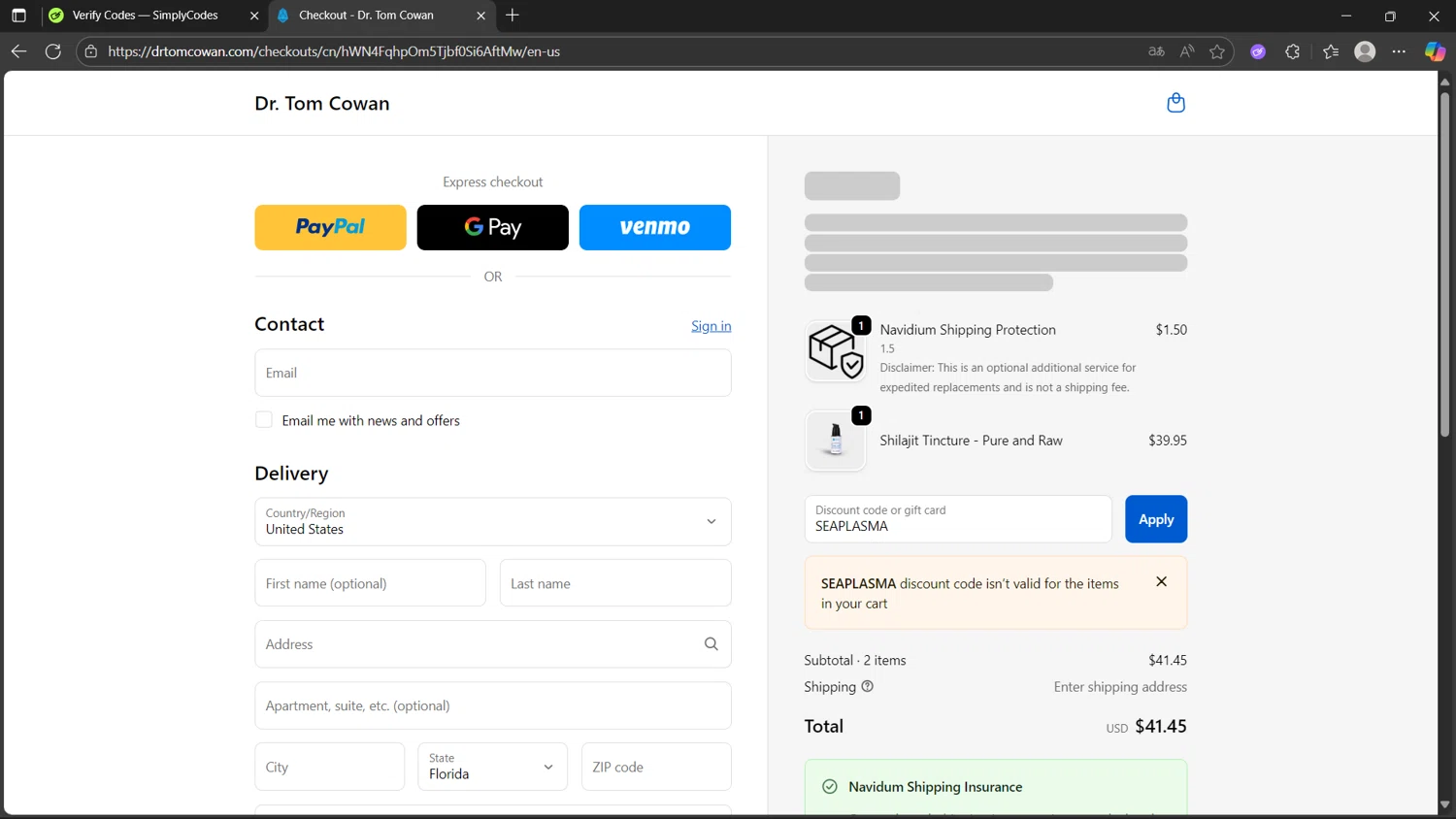 Dr. Tom Cowan promo code screenshot showing code SEAPLASMA applied at Dr. Tom Cowan checkout page. Uploaded by SimplyCodes community member Morticia on Oct 18, 2025