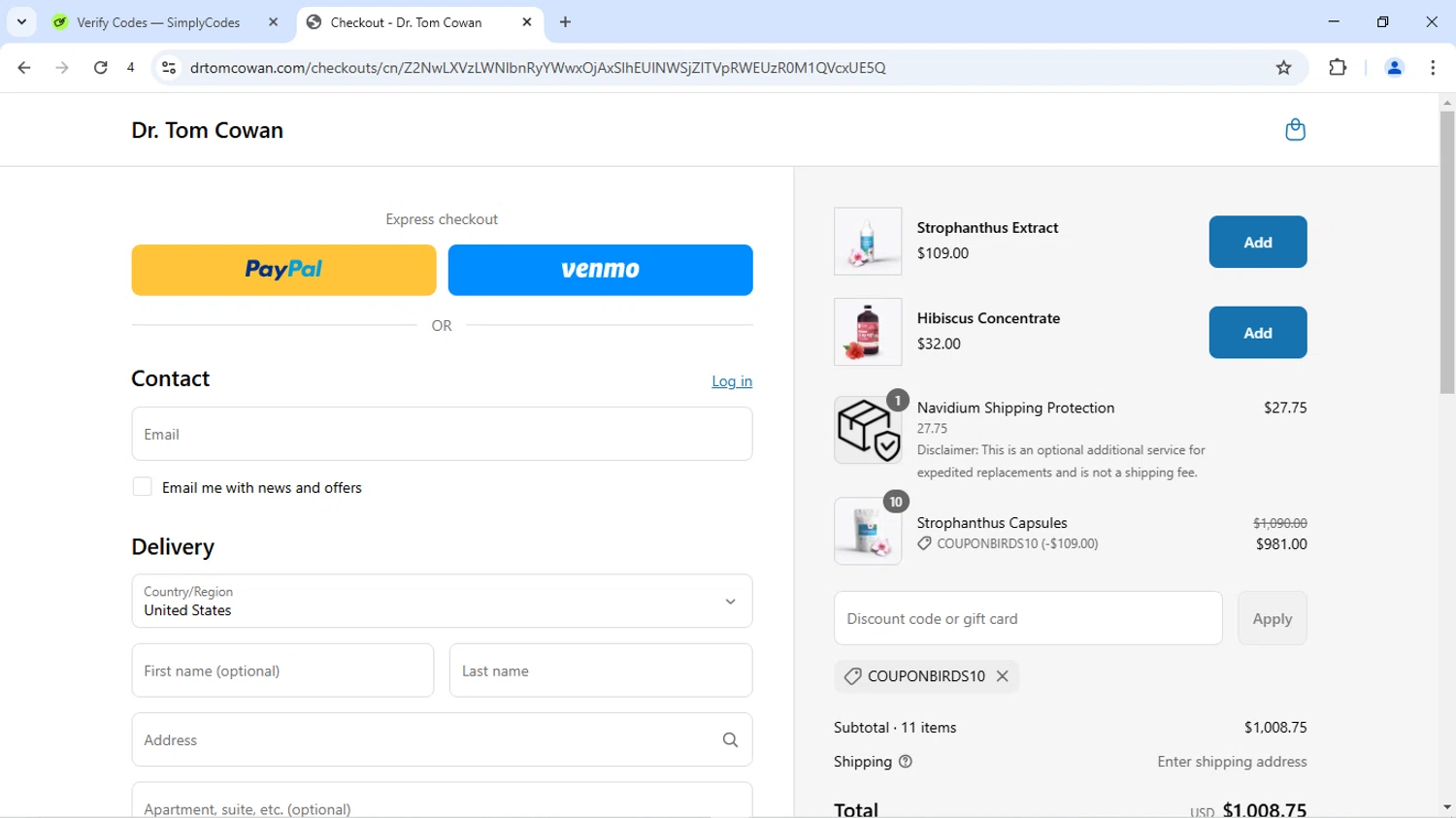 Dr. Tom Cowan promo code screenshot showing code COUPONBIRDS10 applied at Dr. Tom Cowan checkout page. Uploaded by SimplyCodes community member SofiaVentura on Jun 10, 2025