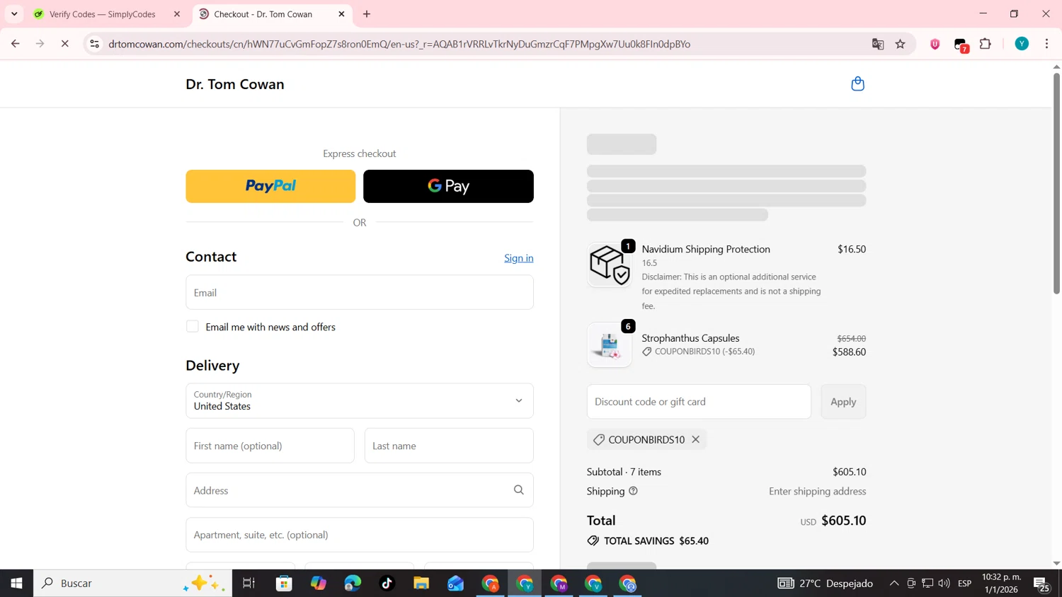Dr. Tom Cowan checkout page showing Dr. Tom Cowan promo code box | Screenshot taken by SimplyCodes community member on Jan 2, 2026