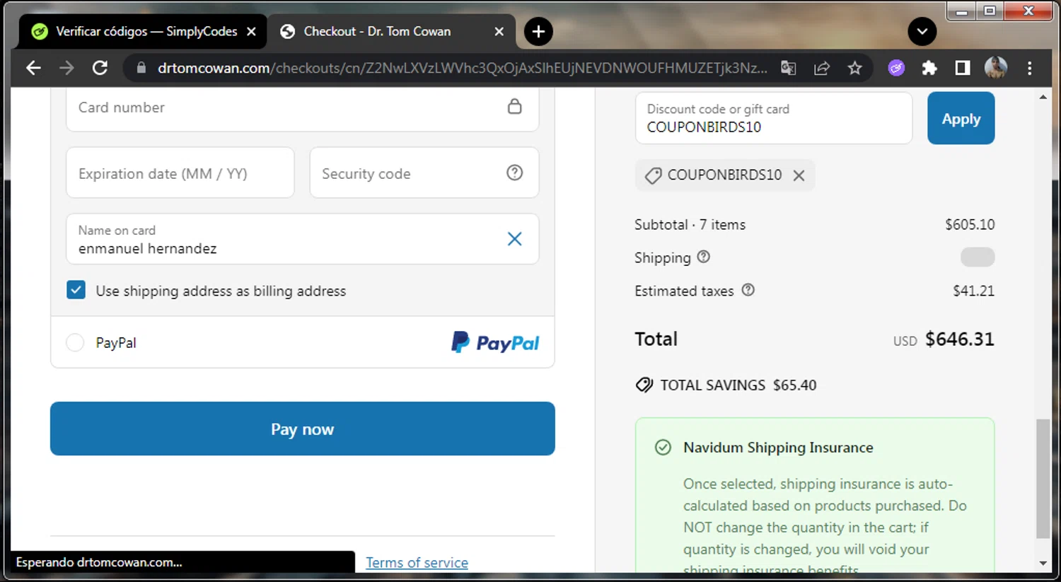 Dr. Tom Cowan promo code screenshot showing code COUPONBIRDS10 applied at Dr. Tom Cowan checkout page. Uploaded by SimplyCodes community member enmanuelhernandezRodriguez on Jun 10, 2025
