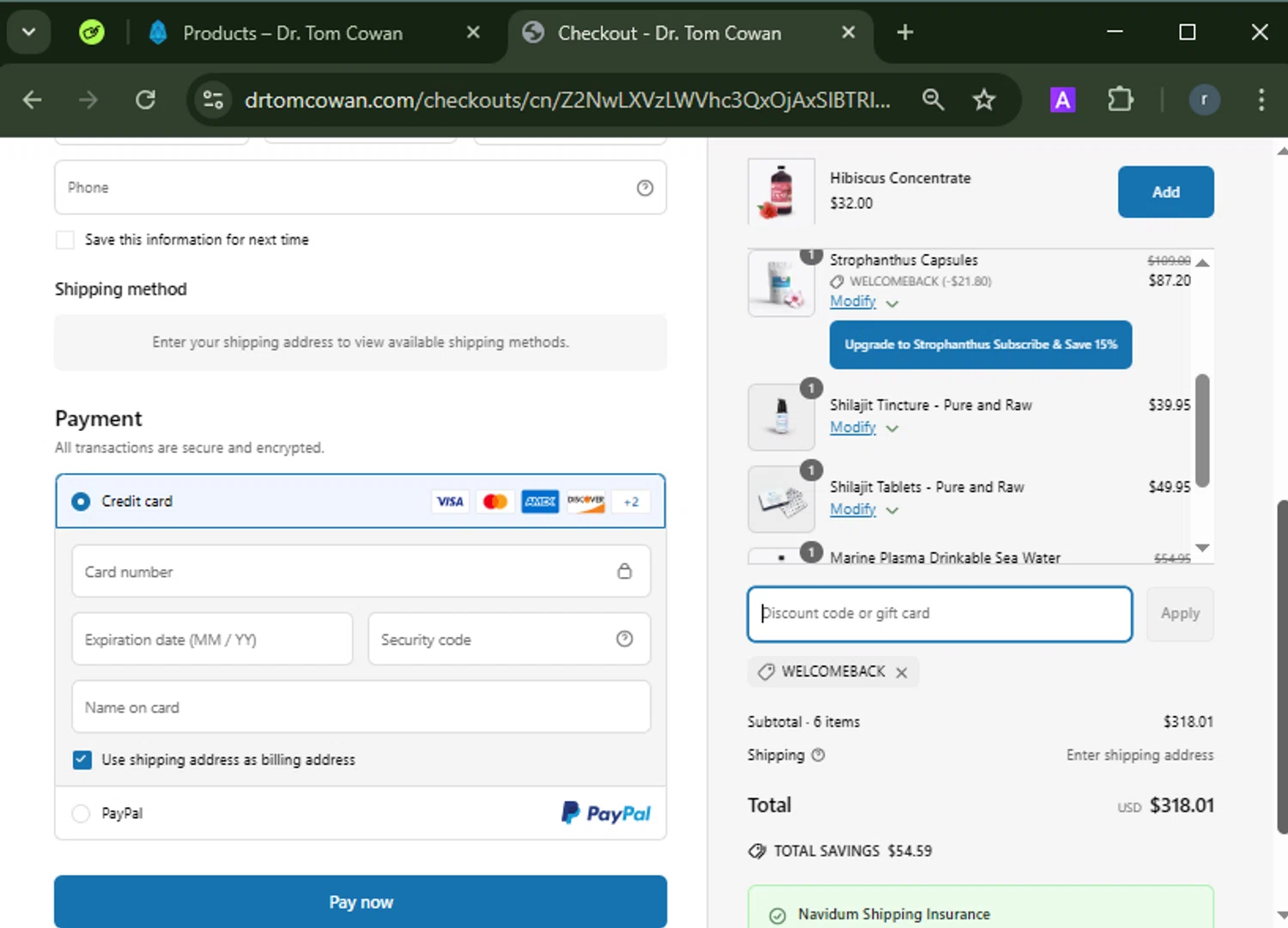 Dr. Tom Cowan promo code screenshot showing code WELCOMEBACK applied at Dr. Tom Cowan checkout page. Uploaded by SimplyCodes community member RamonAlexander on Mar 20, 2025