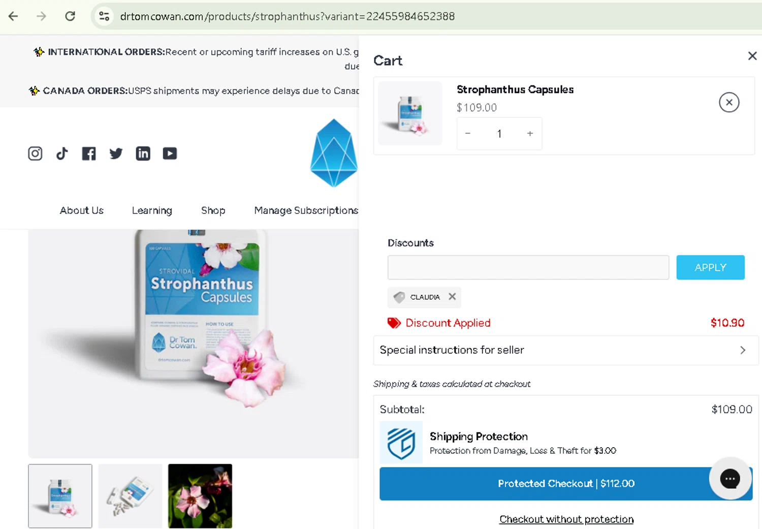 Dr. Tom Cowan promo code screenshot showing code CLAUDIA applied at Dr. Tom Cowan checkout page. Uploaded by SimplyCodes community member NobleSentinel8535 on Dec 28, 2025