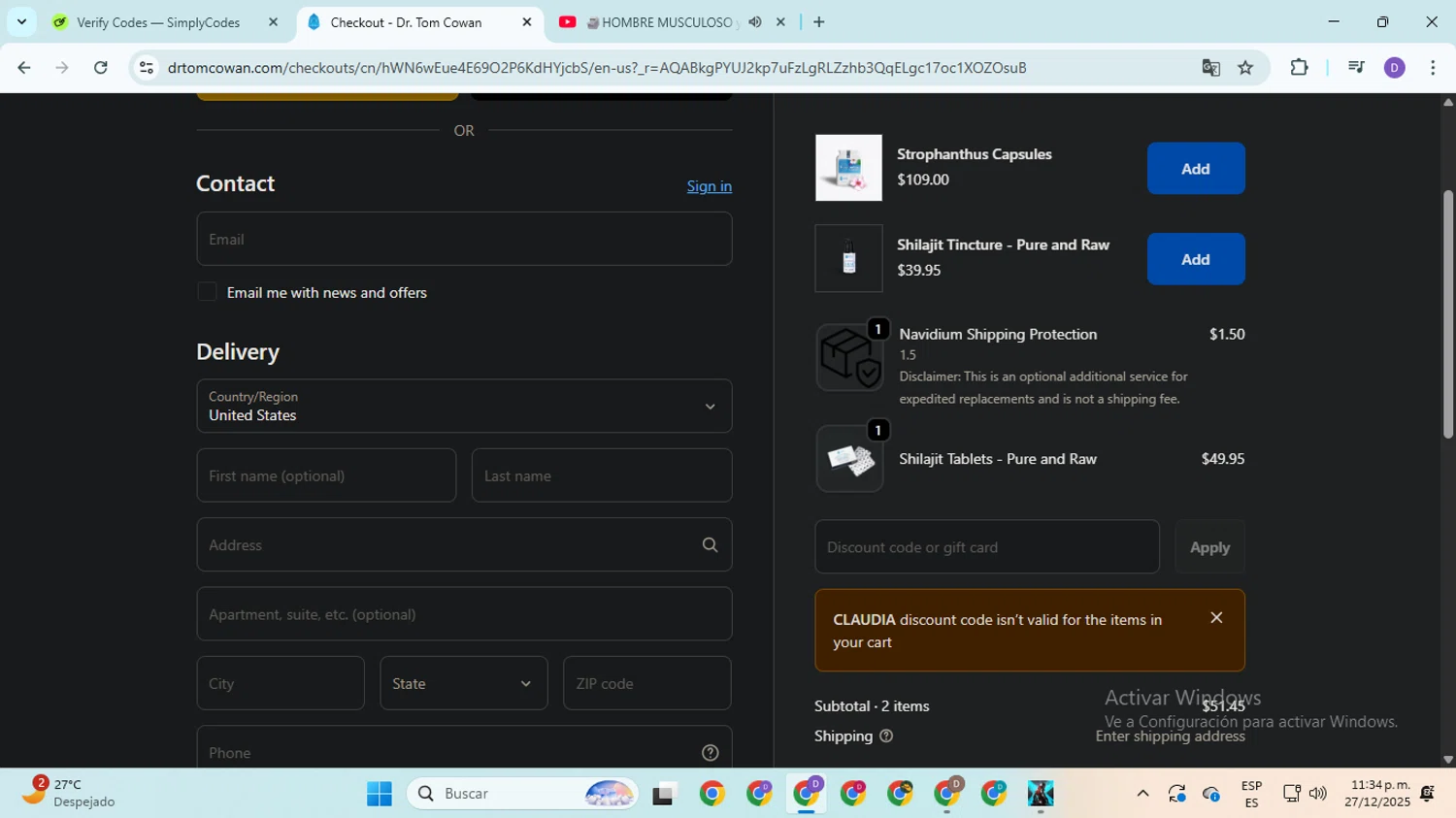 Dr. Tom Cowan promo code screenshot showing code CLAUDIA applied at Dr. Tom Cowan checkout page. Uploaded by SimplyCodes community member SavingsGuardian5156 on Dec 28, 2025