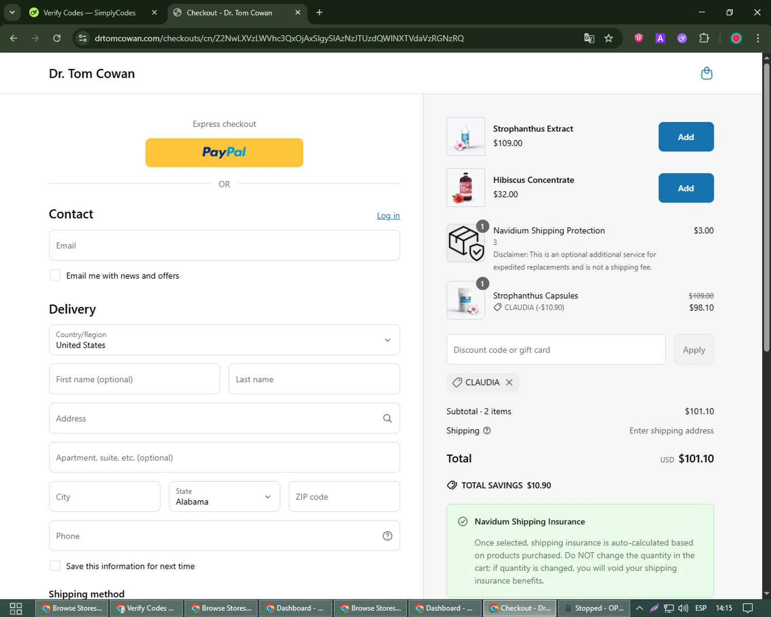 Dr. Tom Cowan promo code screenshot showing code CLAUDIA applied at Dr. Tom Cowan checkout page. Uploaded by SimplyCodes community member james_smith on Jun 6, 2025