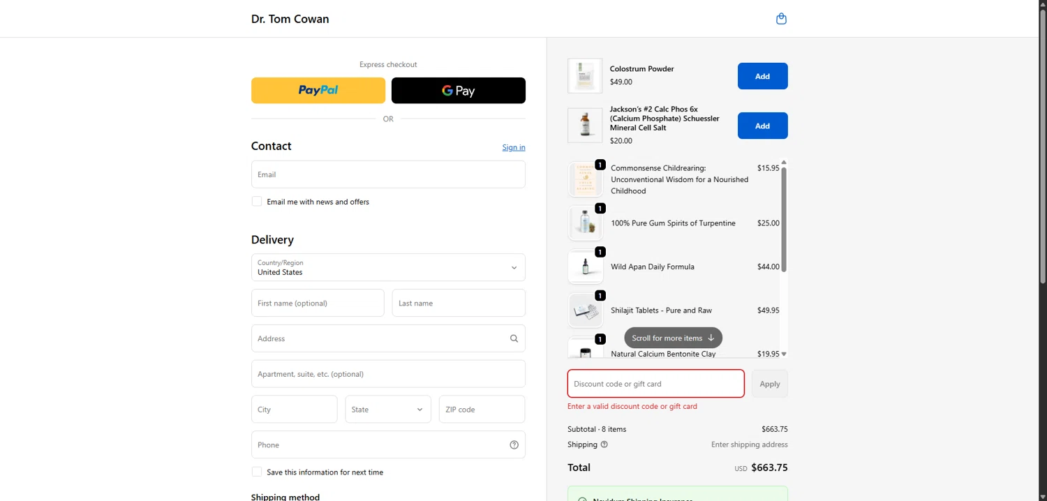 Dr. Tom Cowan promo code screenshot showing code JOINNBC applied at Dr. Tom Cowan checkout page. Uploaded by SimplyCodes community member SilverLynx3397 on Dec 12, 2025