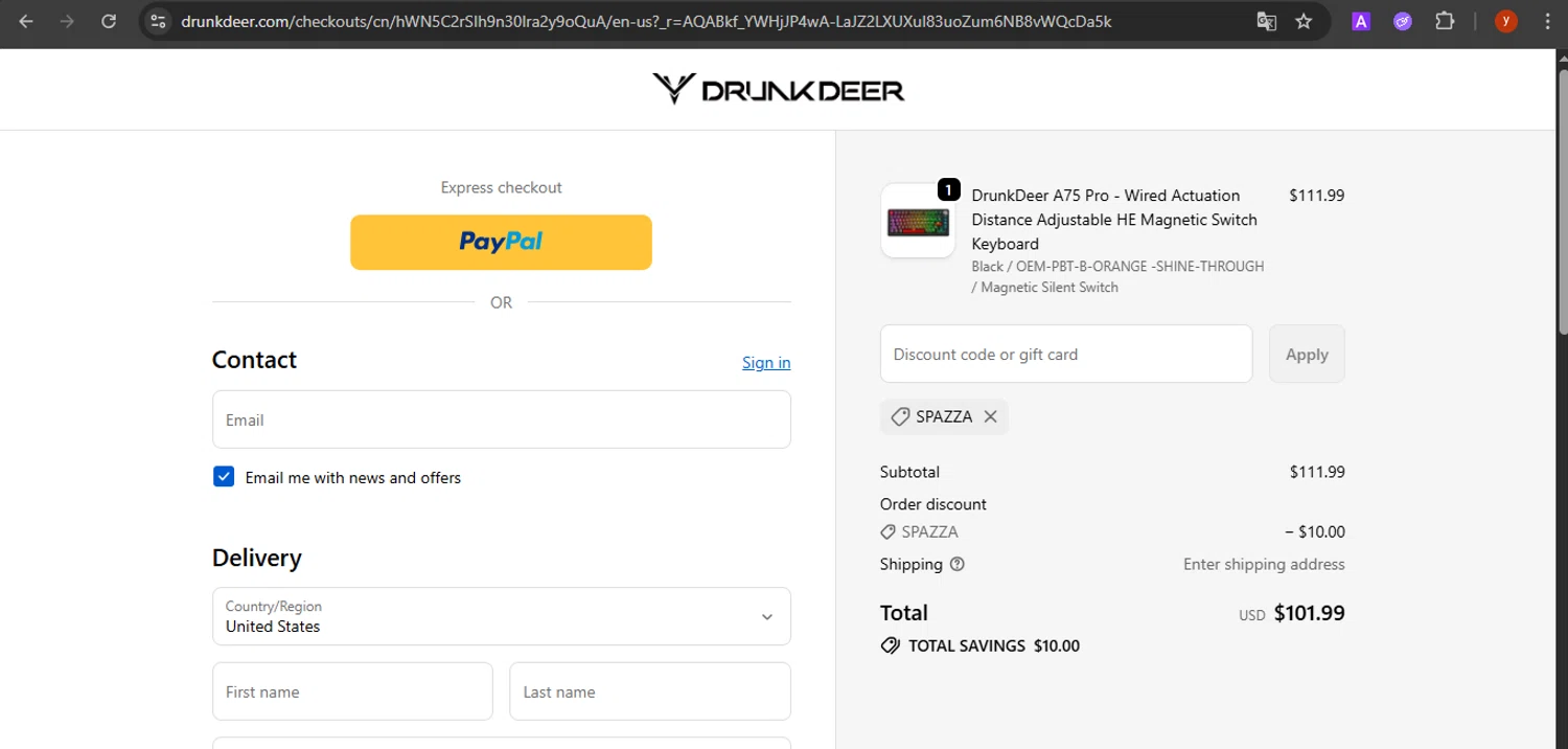 DrunkDeer coupon code screenshot showing code SPAZZA applied at DrunkDeer checkout page. Uploaded by SimplyCodes community member CrownTiger7501 on Nov 12, 2025