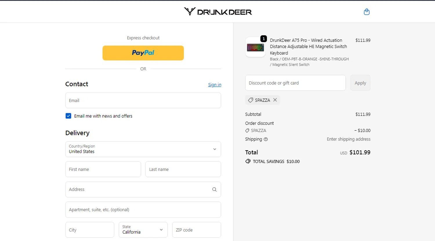 DrunkDeer coupon code screenshot showing code SPAZZA applied at DrunkDeer checkout page. Uploaded by SimplyCodes community member Moonkey on Oct 16, 2025