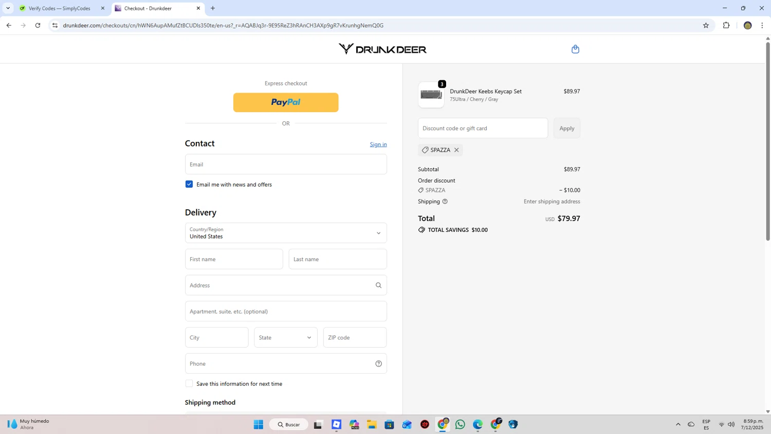 DrunkDeer coupon code screenshot showing code SPAZZA applied at DrunkDeer checkout page. Uploaded by SimplyCodes community member WonderLion2189 on Dec 8, 2025