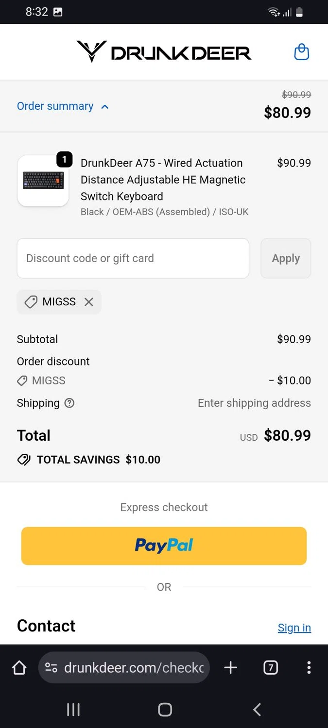 DrunkDeer coupon code screenshot showing code MIGSS applied at DrunkDeer checkout page. Uploaded by SimplyCodes community member tulioriera on Oct 1, 2025