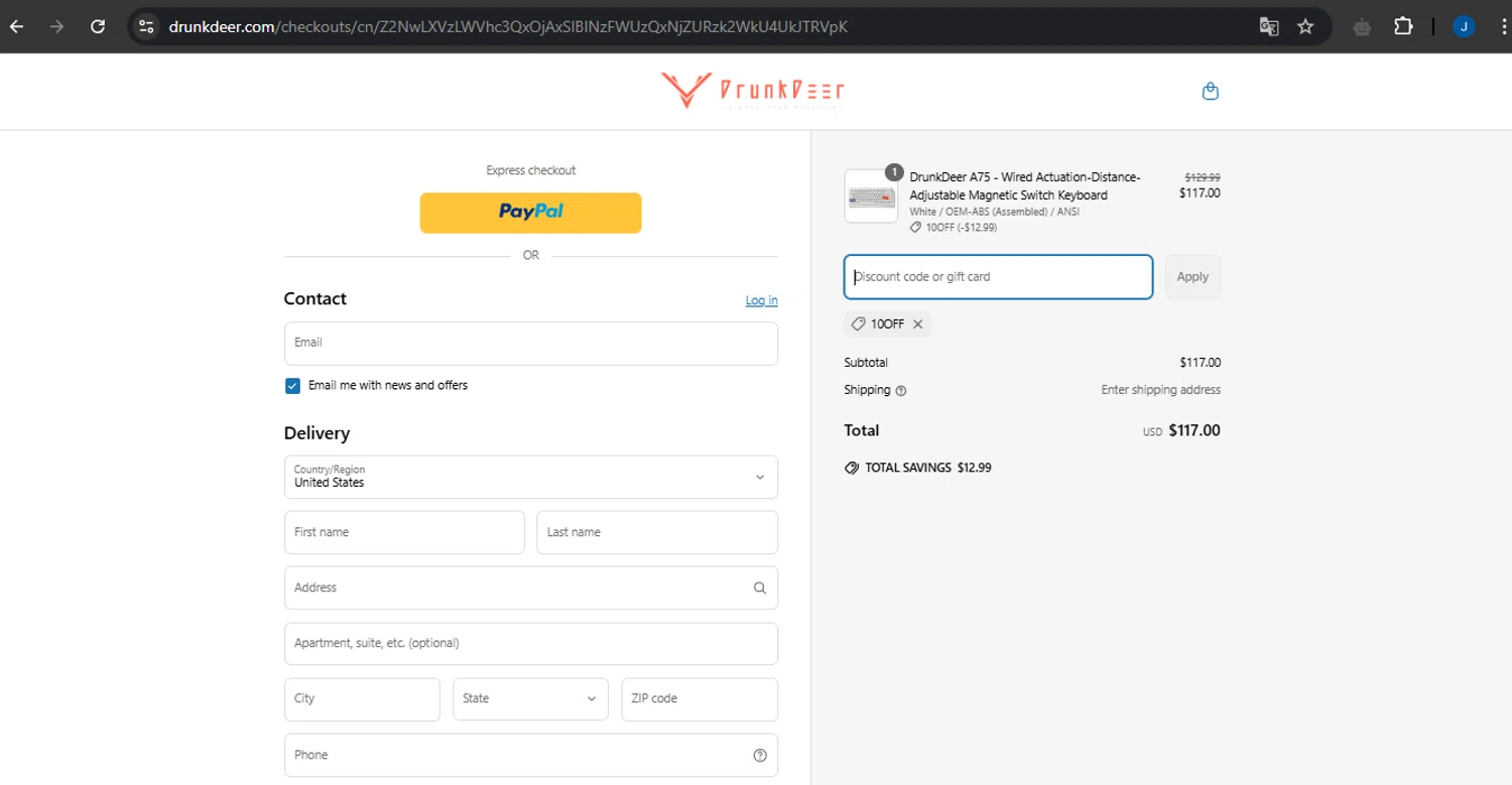 DrunkDeer coupon code screenshot showing code 10OFF applied at DrunkDeer checkout page. Uploaded by SimplyCodes community member LegendarySage5106 on Mar 17, 2025