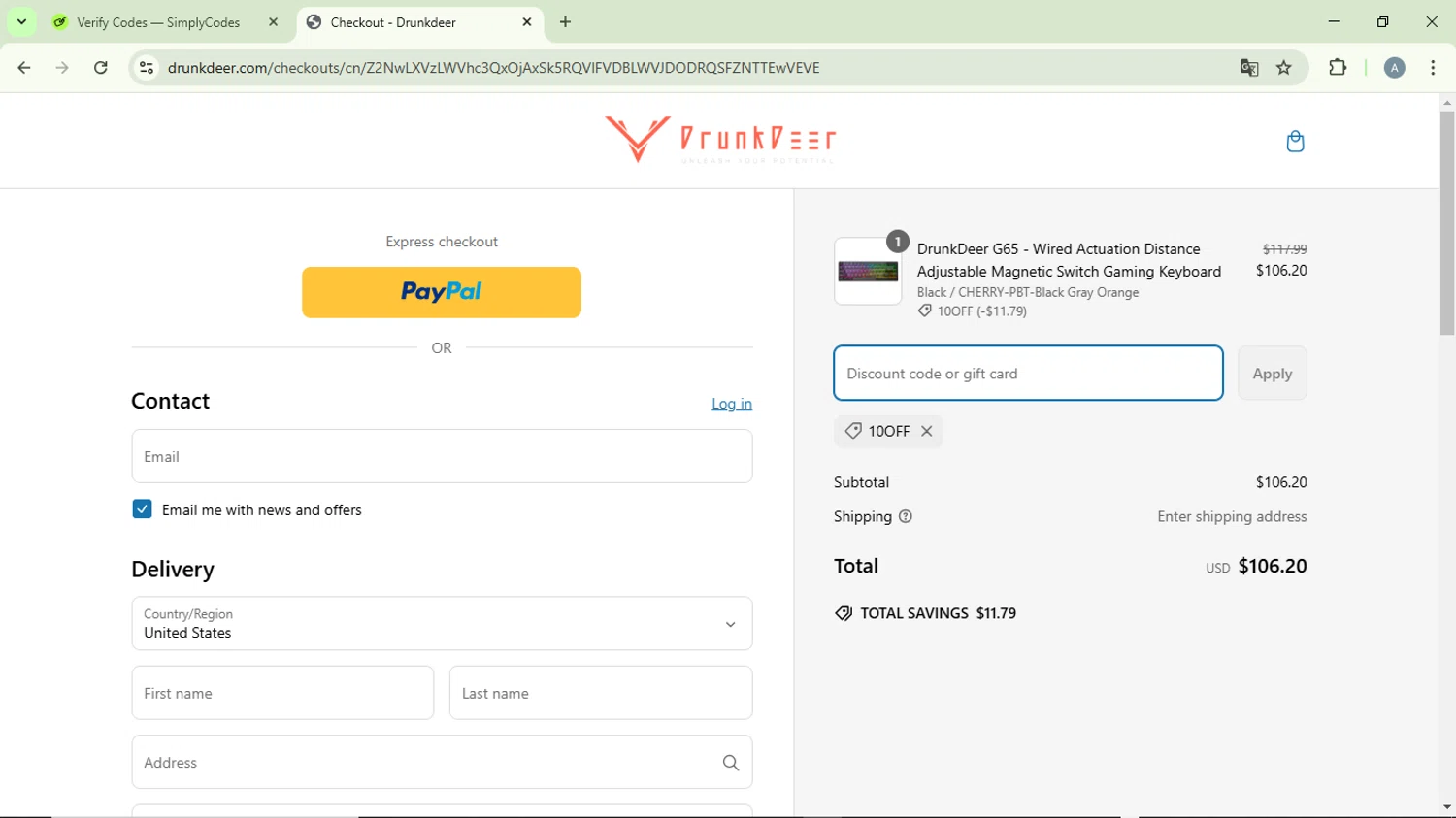 DrunkDeer coupon code screenshot showing code 10OFF applied at DrunkDeer checkout page. Uploaded by SimplyCodes community member DiscountVirtuoso6243 on Mar 7, 2025