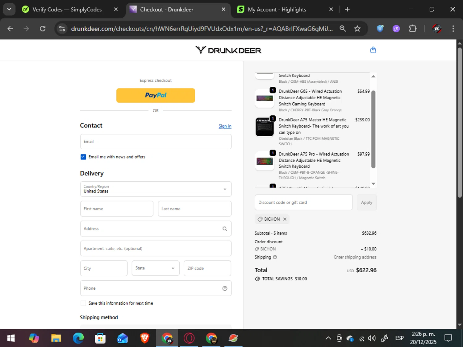 DrunkDeer coupon code screenshot showing code BICHON applied at DrunkDeer checkout page. Uploaded by SimplyCodes community member TreasureAdmiral6867 on Dec 20, 2025