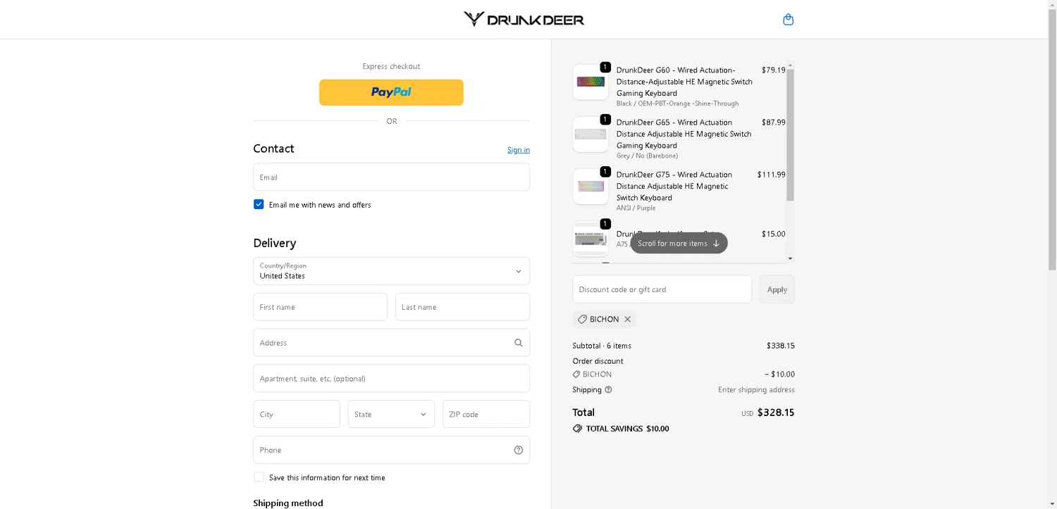 DrunkDeer coupon code screenshot showing code BICHON applied at DrunkDeer checkout page. Uploaded by SimplyCodes community member VoucherHero1009 on Nov 12, 2025