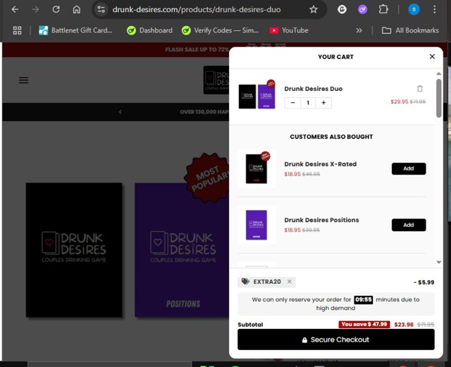 Drunk Desires checkout page showing Drunk Desires discount code box | Screenshot taken by SimplyCodes community member on Aug 15, 2025