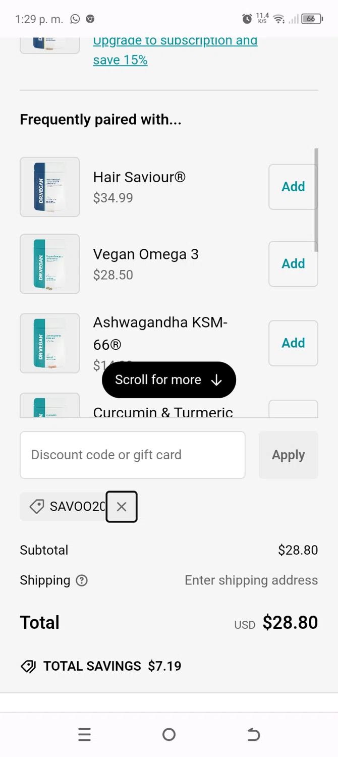 Dr. Vegan discount code screenshot showing code SAVOO20 applied at Dr. Vegan checkout page. Uploaded by SimplyCodes community member Typer19 on Jan 24, 2025