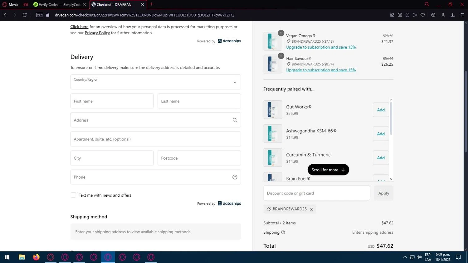 Dr. Vegan discount code screenshot showing code BRANDREWARD25 applied at Dr. Vegan checkout page. Uploaded by SimplyCodes community member SUPERsimplycodes on Jan 18, 2025