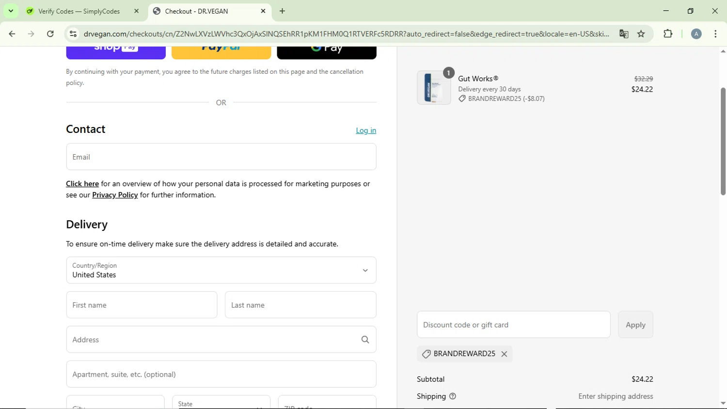 Dr. Vegan discount code screenshot showing code BRANDREWARD25 applied at Dr. Vegan checkout page. Uploaded by SimplyCodes community member DiscountVirtuoso6243 on Apr 25, 2025