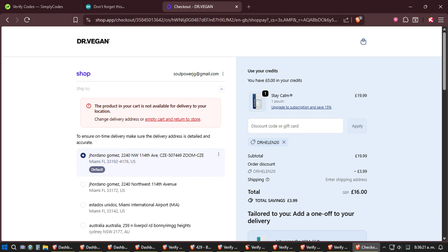 Dr. Vegan discount code screenshot showing code DRHELEN20 applied at Dr. Vegan checkout page. Uploaded by SimplyCodes community member JhonatanGomez on Dec 22, 2025