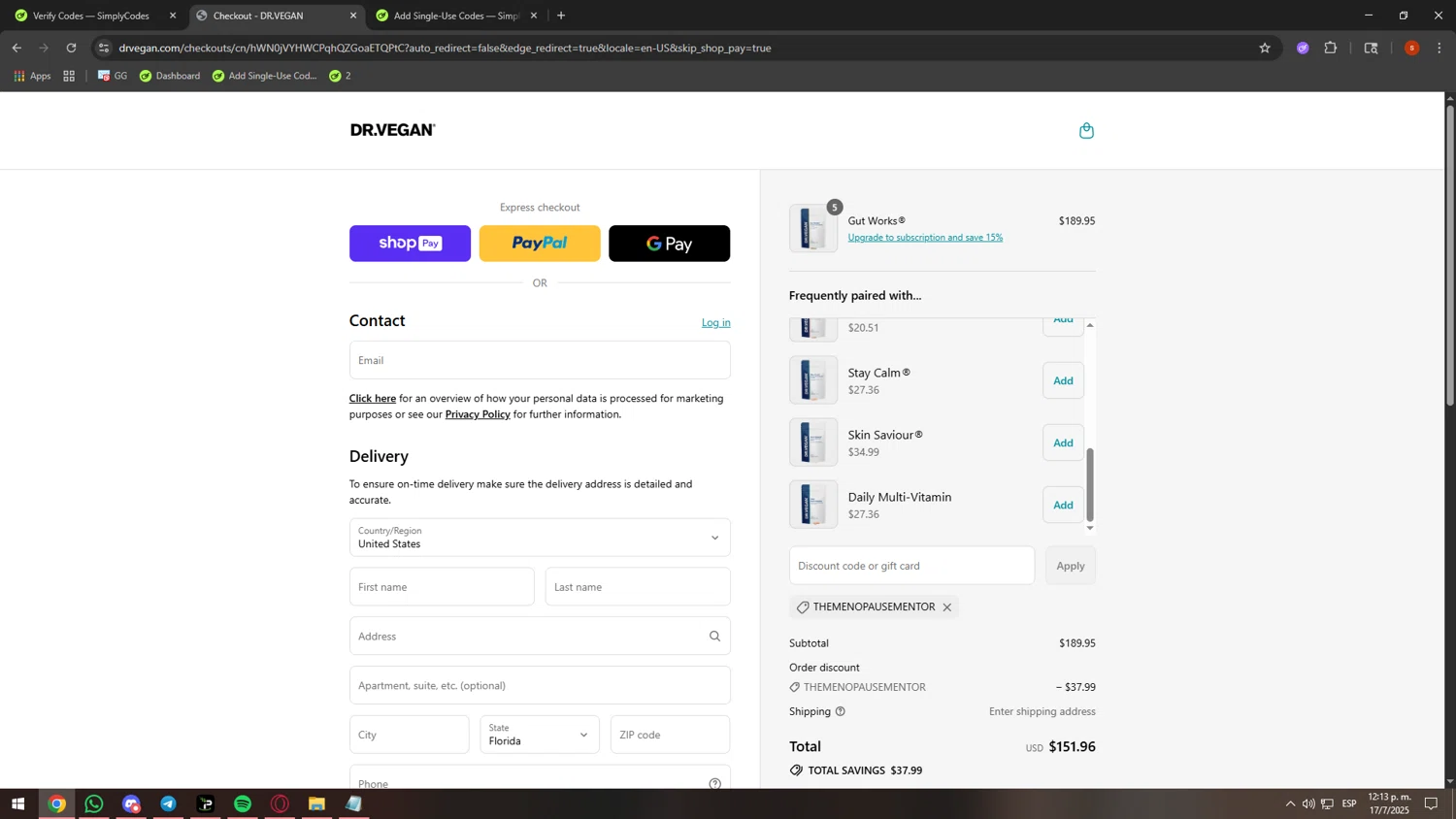 Dr. Vegan discount code screenshot showing code THEMENOPAUSEMENTOR applied at Dr. Vegan checkout page. Uploaded by SimplyCodes community member JohnSimply on Jul 17, 2025