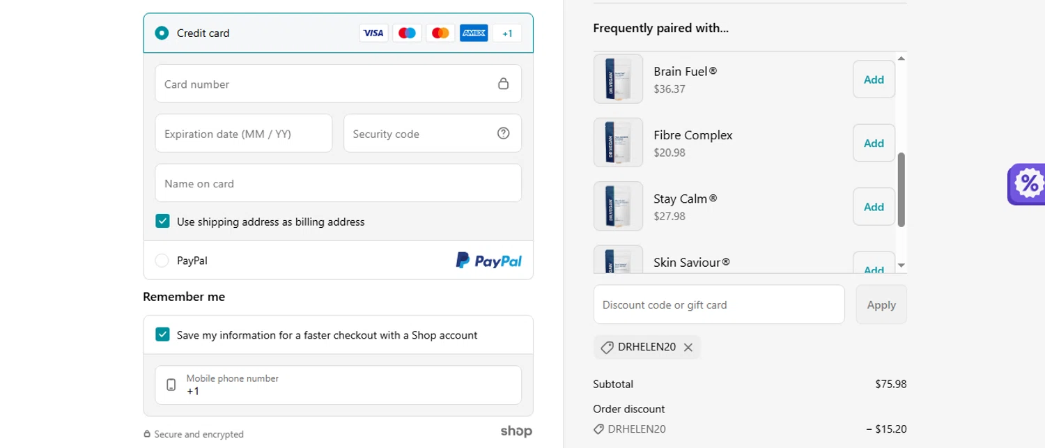 Dr. Vegan discount code screenshot showing code DRHELEN20 applied at Dr. Vegan checkout page. Uploaded by SimplyCodes community member shark12 on Jun 29, 2025