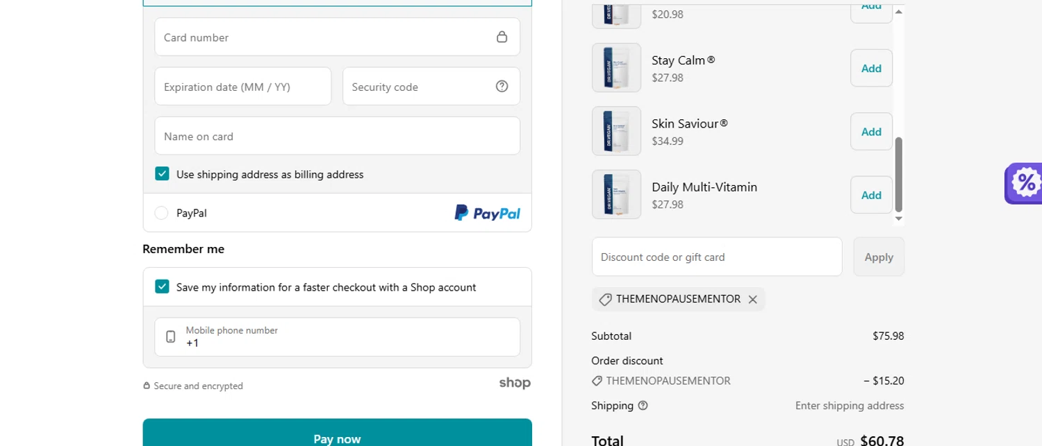 Dr. Vegan discount code screenshot showing code THEMENOPAUSEMENTOR applied at Dr. Vegan checkout page. Uploaded by SimplyCodes community member shark12 on Jun 29, 2025