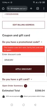 DRVEXRY coupon verification screenshot