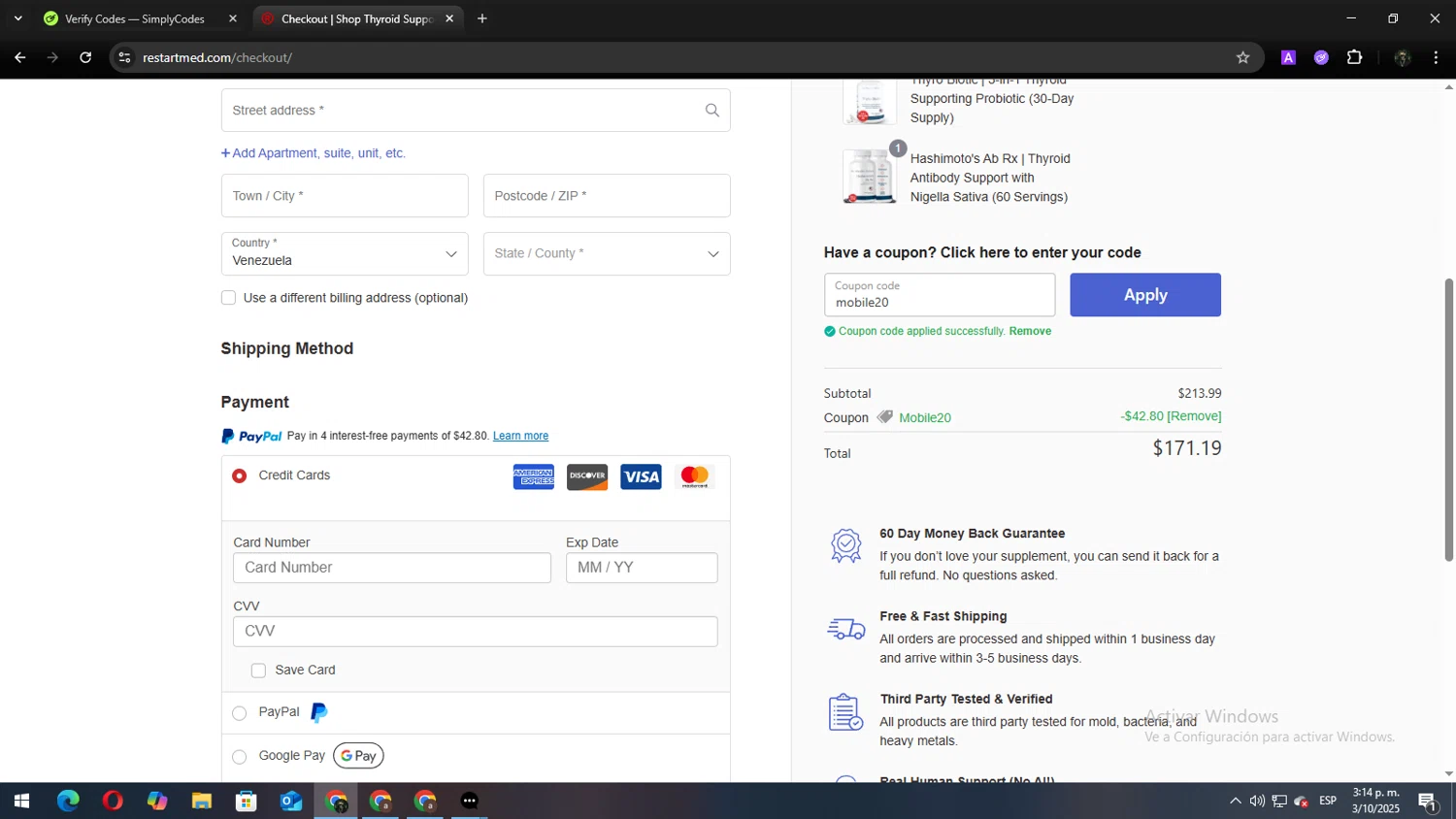 Dr. Westin Childs coupon code screenshot showing code mobile20 applied at Dr. Westin Childs checkout page. Uploaded by SimplyCodes community member Andy2323 on Oct 3, 2025