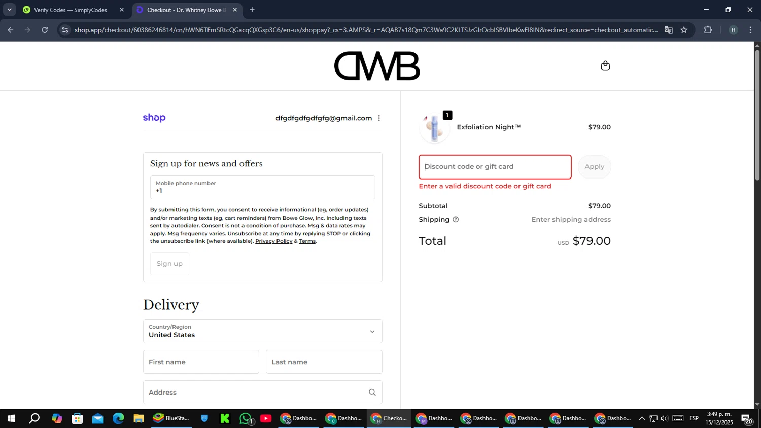Dr. Whitney Bowe Beauty discount code screenshot showing code FREE_TRI_75+ applied at Dr. Whitney Bowe Beauty checkout page. Uploaded by SimplyCodes community member PromoScout8746 on Dec 15, 2025