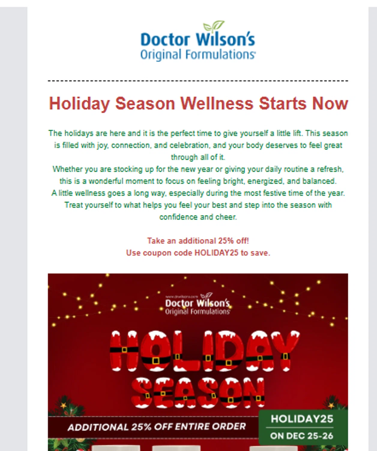 Doctor Wilson’s Original Formulations promo code screenshot showing code HOLIDAY25 applied at Doctor Wilson’s Original Formulations checkout page. Uploaded by SimplyCodes community member ______________ on Dec 25, 2025