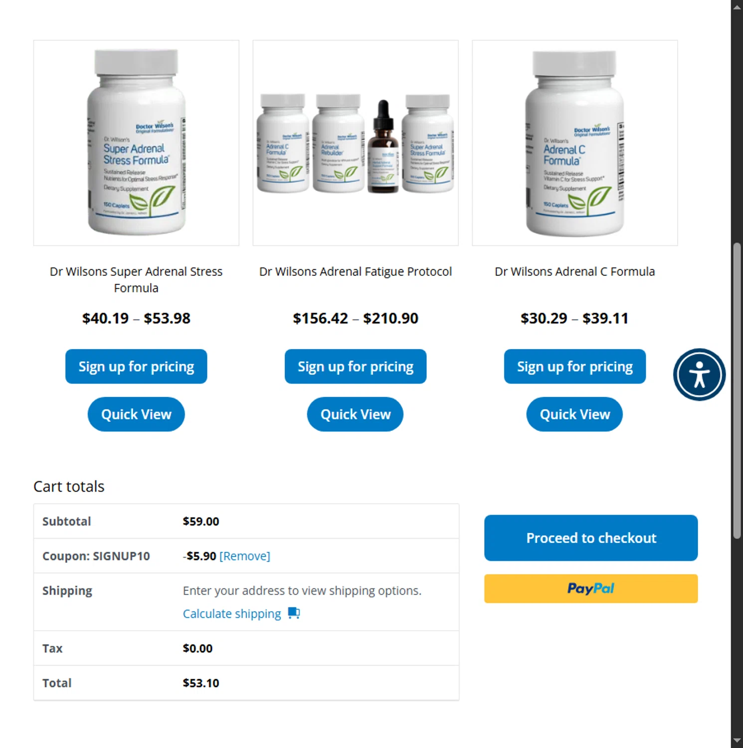 Doctor Wilson’s Original Formulations promo code screenshot showing code SIGNUP10 applied at Doctor Wilson’s Original Formulations checkout page. Uploaded by SimplyCodes community member Beaaalmera on Jul 21, 2025