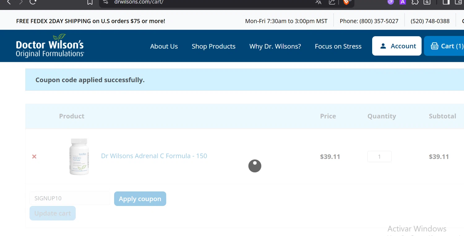 Doctor Wilson’s Original Formulations promo code screenshot showing code SIGNUP10 applied at Doctor Wilson’s Original Formulations checkout page. Uploaded by SimplyCodes community member CoinOwl5103 on Jul 21, 2025