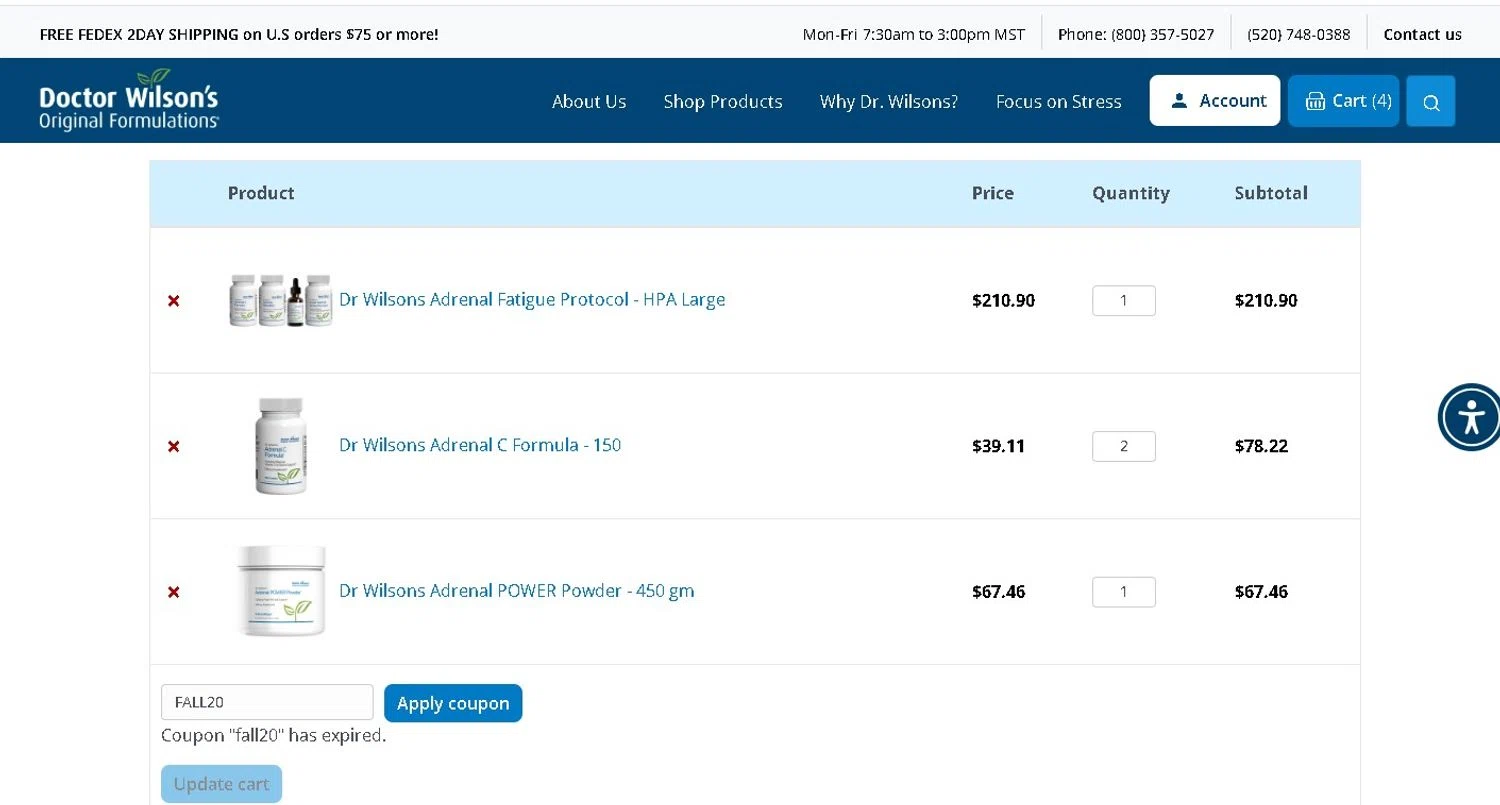 Doctor Wilson’s Original Formulations promo code screenshot showing code FALL20 applied at Doctor Wilson’s Original Formulations checkout page. Uploaded by SimplyCodes community member LAMINEJAMAL on Oct 25, 2025