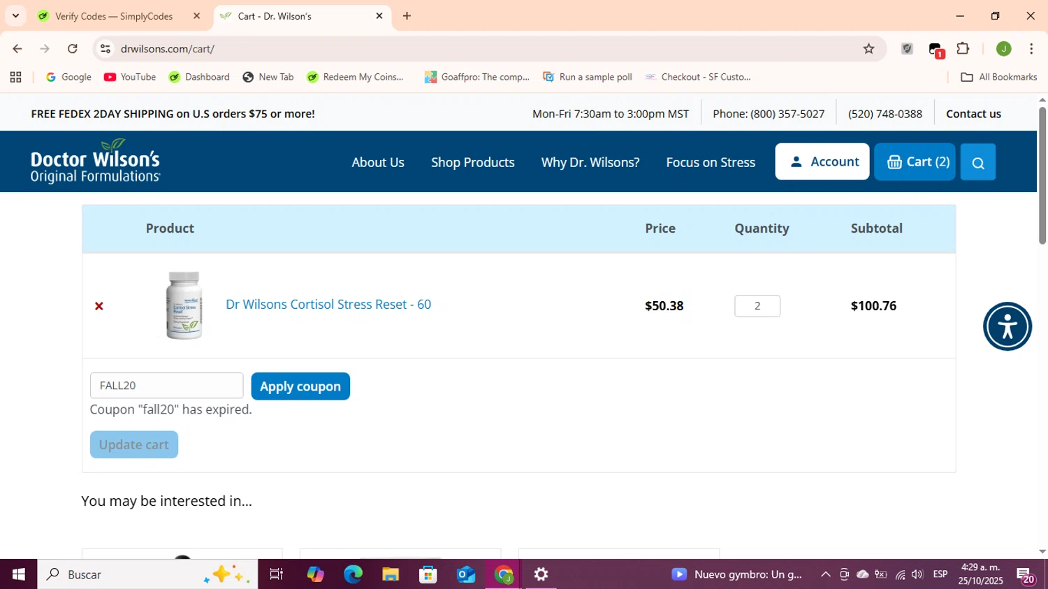 Doctor Wilson’s Original Formulations promo code screenshot showing code FALL20 applied at Doctor Wilson’s Original Formulations checkout page. Uploaded by SimplyCodes community member Sukuna_ on Oct 25, 2025