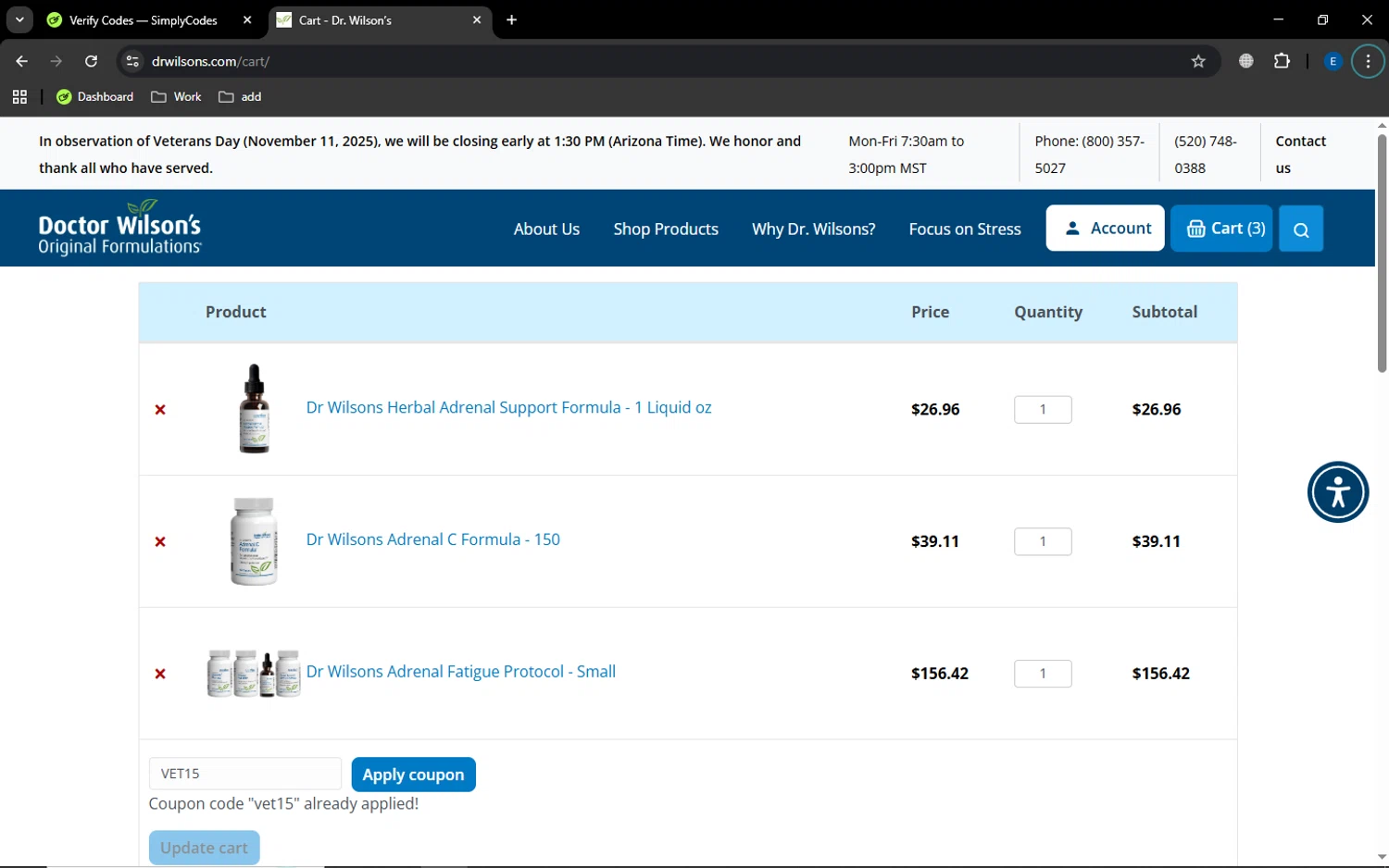 Doctor Wilson’s Original Formulations checkout page showing Doctor Wilson’s Original Formulations promo code box | Screenshot taken by SimplyCodes community member on Nov 11, 2025