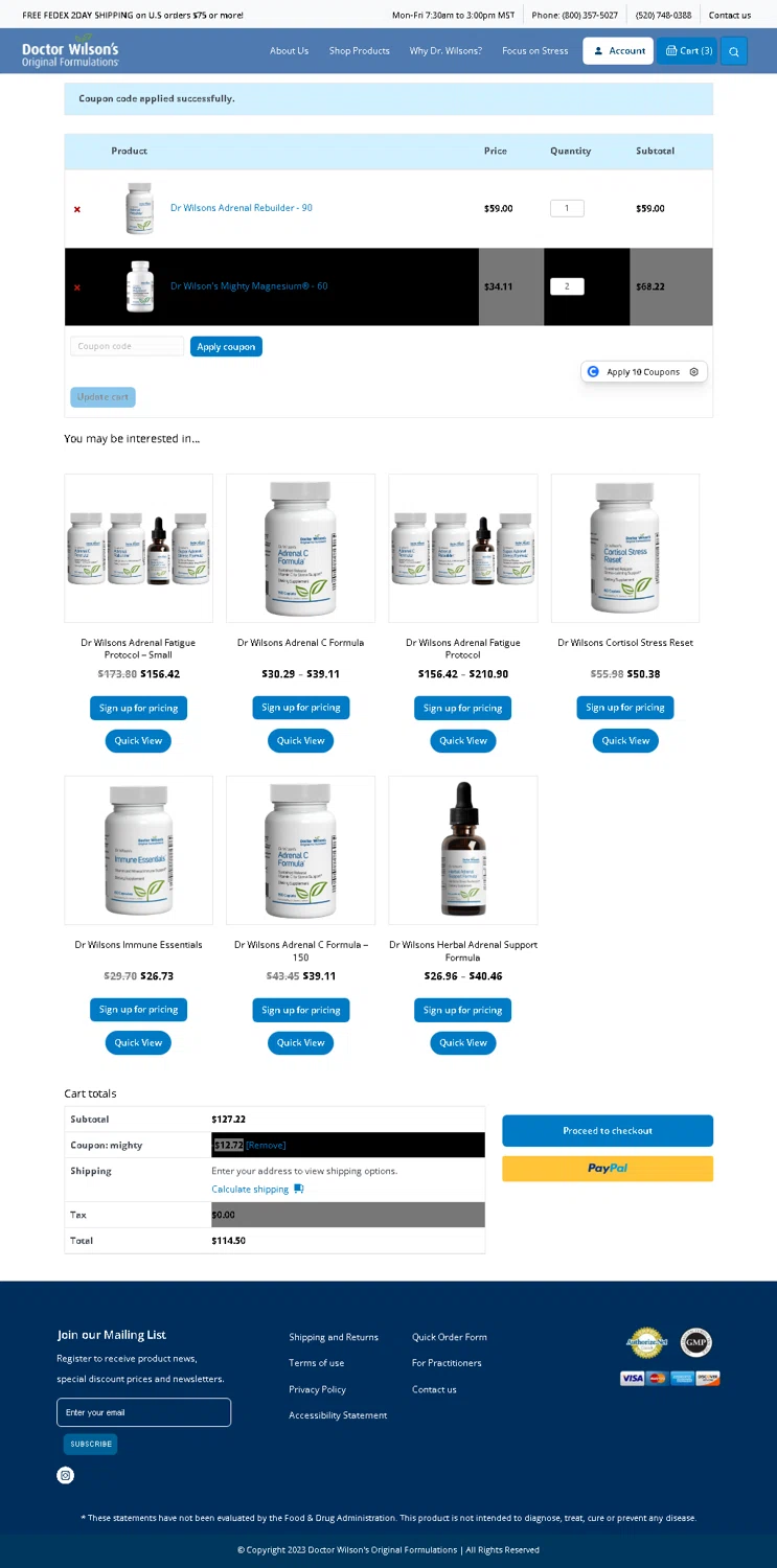 Doctor Wilson’s Original Formulations promo code screenshot showing code MIGHTY applied at Doctor Wilson’s Original Formulations checkout page. Uploaded by SimplyCodes community member AMANDA2681 on Sep 25, 2025