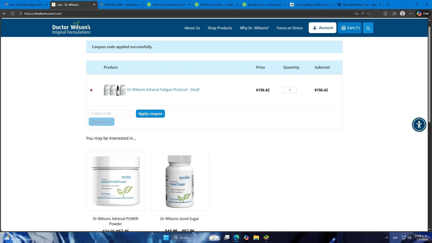 Doctor Wilson’s Original Formulations promo code screenshot showing code NEWYEAR20 applied at Doctor Wilson’s Original Formulations checkout page. Uploaded by SimplyCodes community member Mdeoca on Jan 1, 2026