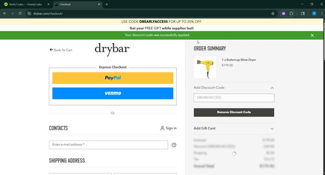 Drybar checkout page showing Drybar promo code box | Screenshot taken by SimplyCodes community member on Jun 26, 2025
