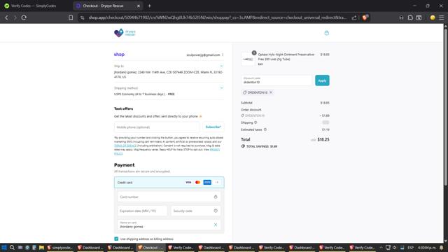 DryEye Rescue checkout page showing DryEye Rescue discount code box | Screenshot taken by SimplyCodes community member on Sep 13, 2025