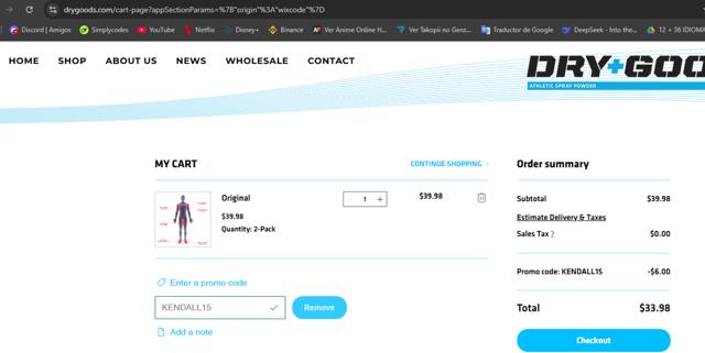 Dry Goods checkout page showing Dry Goods promo code box | Screenshot taken by SimplyCodes community member on Aug 24, 2025