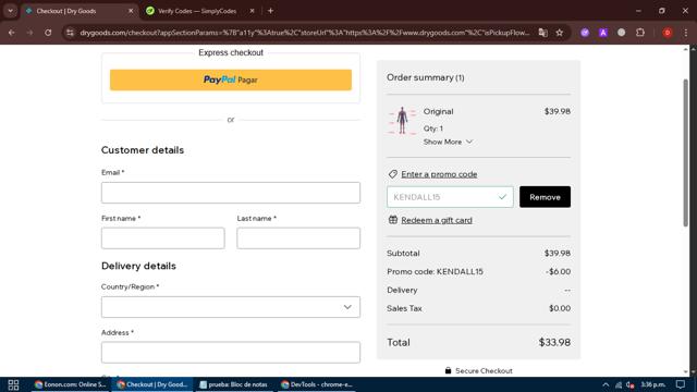 Dry Goods checkout page showing Dry Goods promo code box | Screenshot taken by SimplyCodes community member on Aug 24, 2025