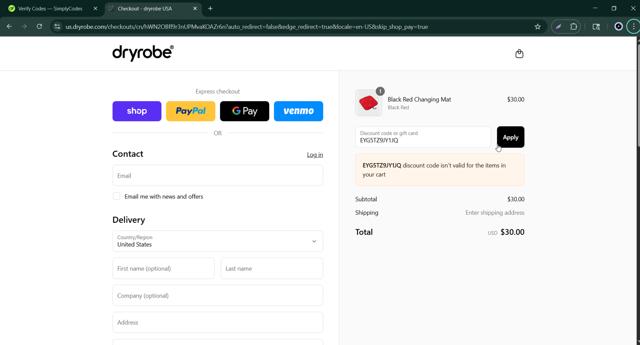 dryrobe USA checkout page showing dryrobe USA promo code box | Screenshot taken by SimplyCodes community member on Aug 30, 2025