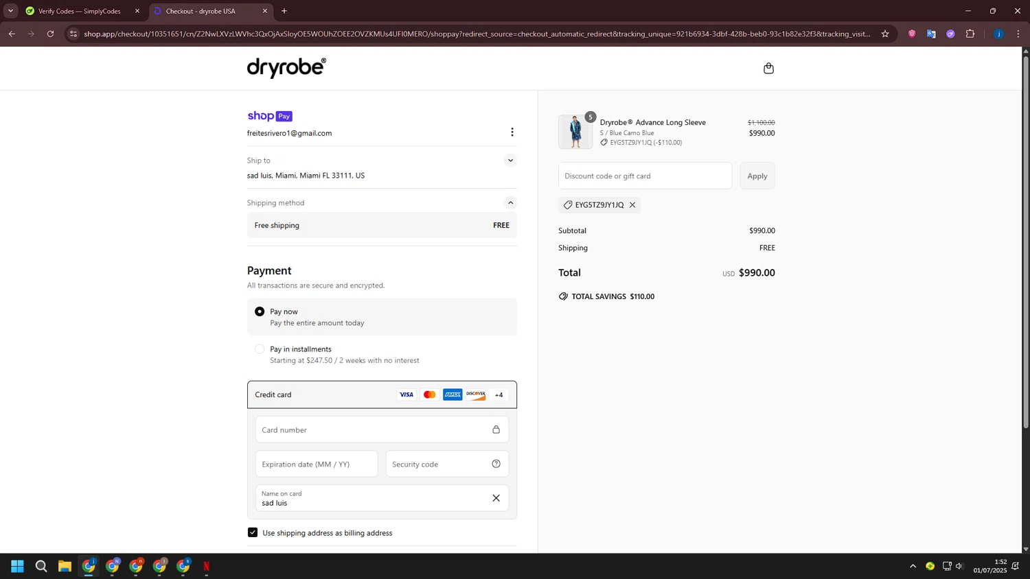 dryrobe USA promo code screenshot showing code EYG5TZ9JY1JQ applied at dryrobe USA checkout page. Uploaded by SimplyCodes community member CashLegend3767 on Jul 1, 2025