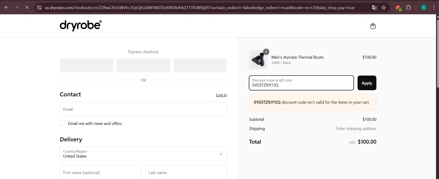 dryrobe USA promo code screenshot showing code EYG5TZ9JY1JQ applied at dryrobe USA checkout page. Uploaded by SimplyCodes community member Negritoo on Apr 18, 2025