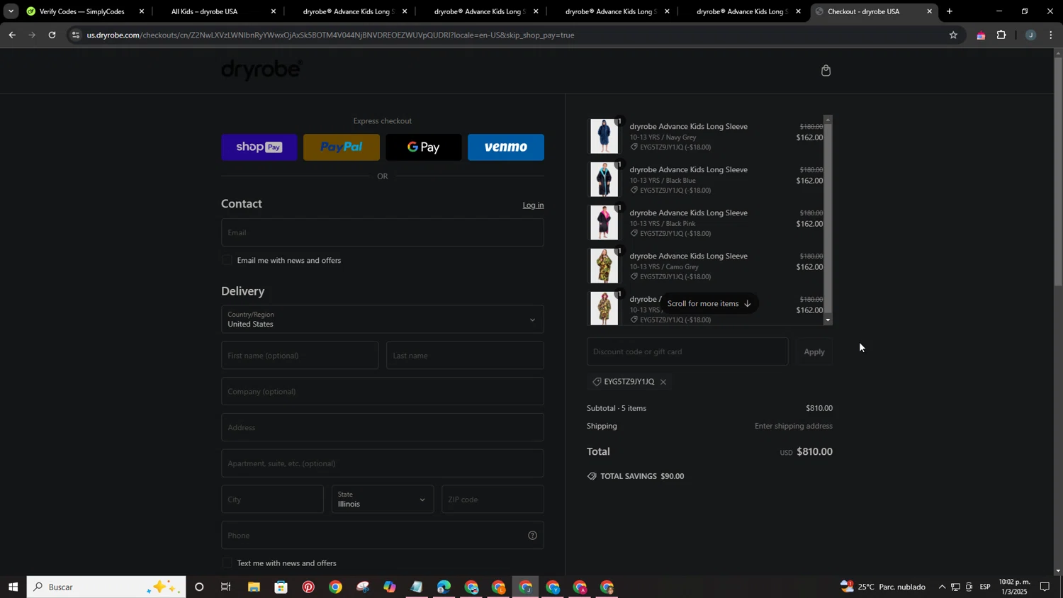 dryrobe USA promo code screenshot showing code EYG5TZ9JY1JQ applied at dryrobe USA checkout page. Uploaded by SimplyCodes community member BrilliantFox6031 on Mar 2, 2025