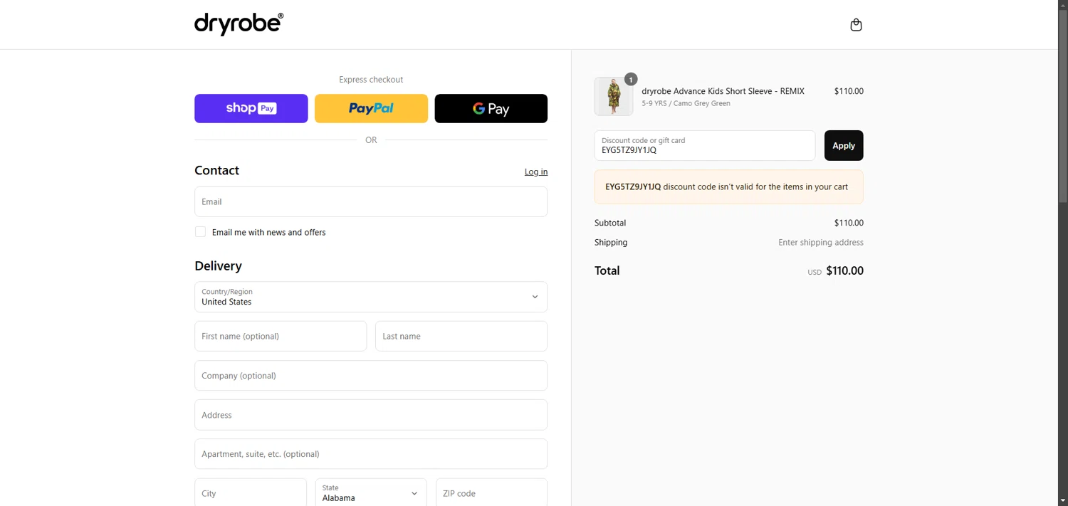 dryrobe USA promo code screenshot showing code EYG5TZ9JY1JQ applied at dryrobe USA checkout page. Uploaded by SimplyCodes community member TokenNavigator3088 on Jun 2, 2025