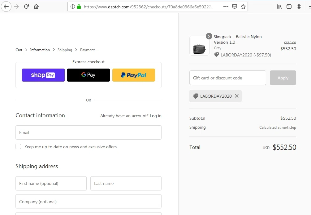 Dsptch checkout page showing Dsptch discount code box | Screenshot taken by SimplyCodes community member on Sep 4, 2020