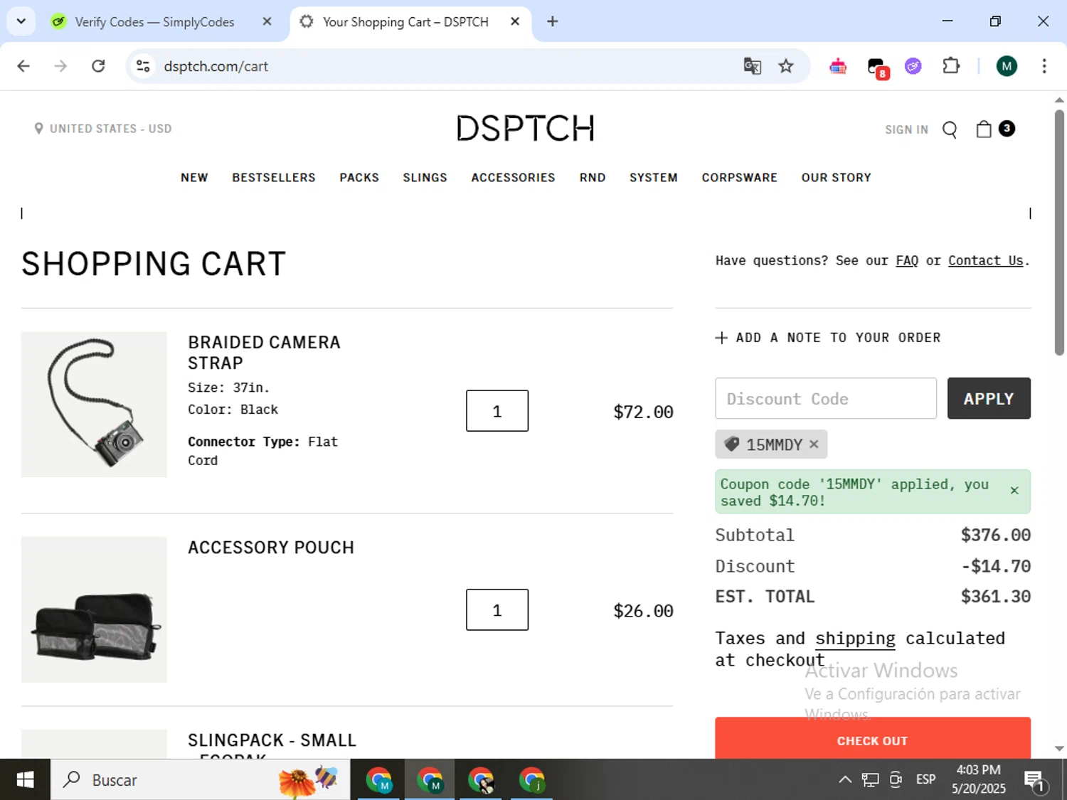 Dsptch checkout page showing Dsptch discount code box | Screenshot taken by SimplyCodes community member on May 20, 2025